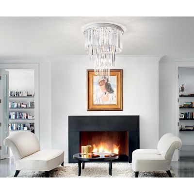 PLAFONIERA MODERNA 12 LUCI METALLO CROMO O ORO CON PENDAGLI IN CRISTALLO TRASPARENTE CRISTALENSI - Cristalensi Shop Online