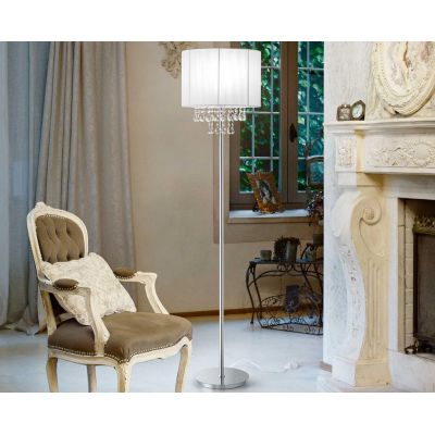 LAMPADA DA TERRA IN METALLO CROMO CON GOCCE IN CRISTALLO E PARALUME IN PVC CRISTALENSI - Cristalensi Shop Online