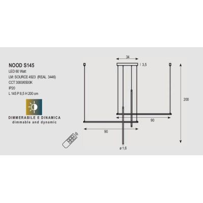 NOOD SOSPENSIONE MODERNA BIANCA O NERA LED 60W LUCE DIMMERABILE E DINAMICA LARGHEZZA CM 145 PROMOINGROSS - Cristalensi Shop Onli