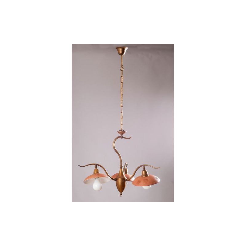 ANTICO TOSCANO LAMPADARIO 3 LUCI IN OTTONE E PIATTI IN TERRACOTTA MADE IN ITALY CRISTALENSI OTTONE - Cristalensi Shop Online