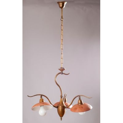 ANTICO TOSCANO LAMPADARIO 3 LUCI IN OTTONE E PIATTI IN TERRACOTTA MADE IN ITALY CRISTALENSI OTTONE - Cristalensi Shop Online