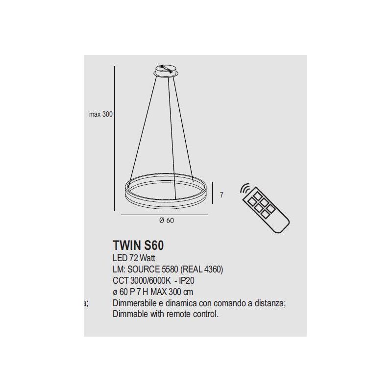 TWIN S60 SOSPENSIONE LED 72W METALLO 14 COLORI DIMMERABILE DINAMICO DA 3000K A 6000K CON TELECOMANDO PROMOINGROSS - Cristalensi