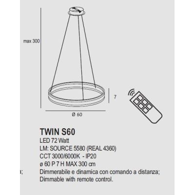 TWIN S60 SOSPENSIONE LED 72W METALLO 14 COLORI DIMMERABILE DINAMICO DA 3000K A 6000K CON TELECOMANDO PROMOINGROSS - Cristalensi