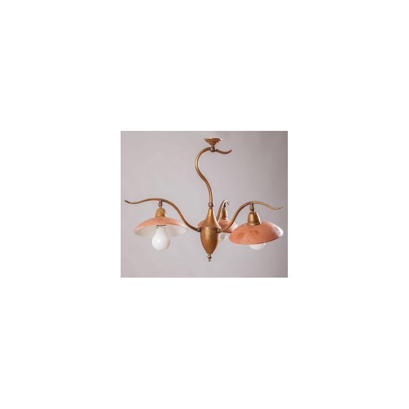ANTICO TOSCANO LAMPADARIO 3 LUCI A PLAFONIERA IN OTTONE E PIATTI IN TERRACOTTA CRISTALENSI OTTONE - Cristalensi Shop Online