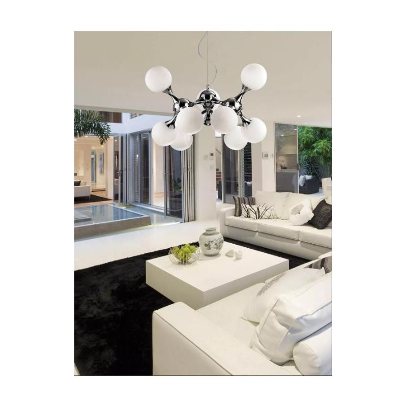 LAMPADARIO MODERNO A SOSPENSIONE IN METALLO CROMATO O IN OTTONE CON 9 SFERE IN VETRO BIANCO CRISTALENSI - Cristalensi Shop Onlin