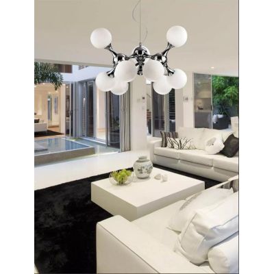 LAMPADARIO MODERNO A SOSPENSIONE IN METALLO CROMATO O IN OTTONE CON 9 SFERE IN VETRO BIANCO CRISTALENSI - Cristalensi Shop Onlin
