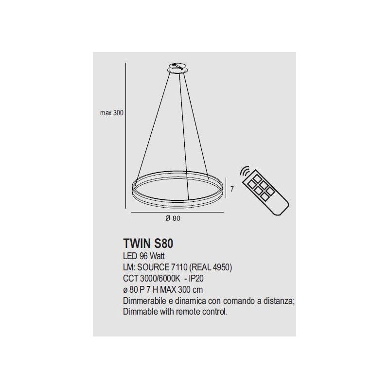 TWIN S80 SOSPENSIONE LED 96W METALLO 14 COLORI DIMMERABILE DINAMICO DA 3000K A 6000K CON TELECOMANDO PROMOINGROSS - Cristalensi