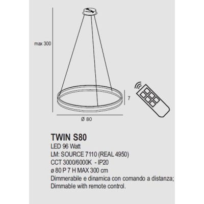 TWIN S80 SOSPENSIONE LED 96W METALLO 14 COLORI DIMMERABILE DINAMICO DA 3000K A 6000K CON TELECOMANDO PROMOINGROSS - Cristalensi