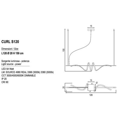 CURL SOSPENSIONE SINUOSA BIANCA O NERA LED 54W DIMMERABILE LUNGHEZZA CM 120 MODERNA