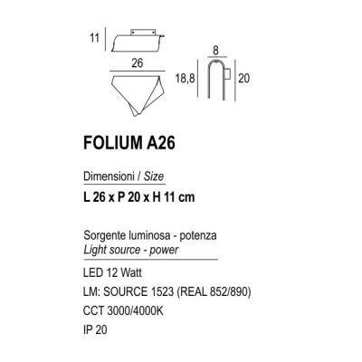 FOLIUM A26 APPLIQUE ORIGINALE IN METALLO 20 COLORI LED 12W LUCE 3000K-4000K DESIN MODERNO