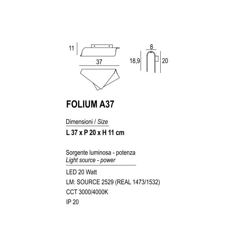 FOLIUM A37 APPLIQUE ORIGINALE IN METALLO 20 COLORI LED 20W LUCE 3000K-4000K DESIN MODERNO