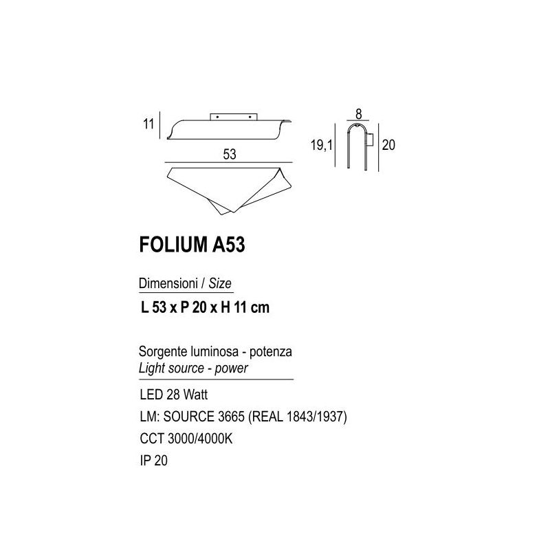 FOLIUM A53 APPLIQUE ORIGINALE IN METALLO 20 COLORI LED 28W LUCE 3000K-4000K DESIN MODERNO