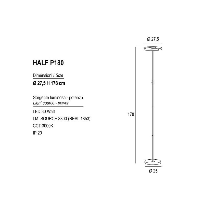 HALF LAMPADA DA TERRA ORIENTABILE IN METALLO BIANCO O NERO LED 30W LUCE 3000K ALTEZZA CM 180 MODERNA