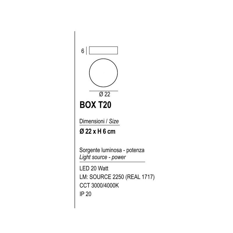 BOX PLAFONIERA ROTONDA D22 CM LED 20W LUCE 3000K-4000K IN METALLO 20 COLORI MODENA