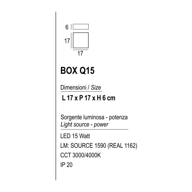 BOX PLAFONIERA QUADRATA CM 17X17 LED 15W LUCE 3000K-4000K IN METALLO 20 COLORI MODENA
