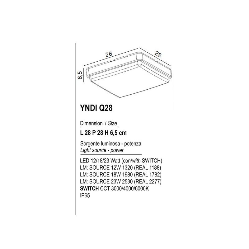 YNDI PLAFONIERA APPLIQUE DA ESTERNO IP65 COLORE BIANCO CM 28X28 LED INTEGRATO K-SWITCH MODERNA