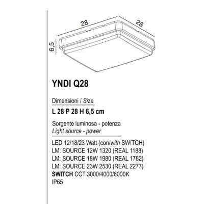YNDI PLAFONIERA APPLIQUE DA ESTERNO IP65 COLORE BIANCO CM 28X28 LED INTEGRATO K-SWITCH MODERNA