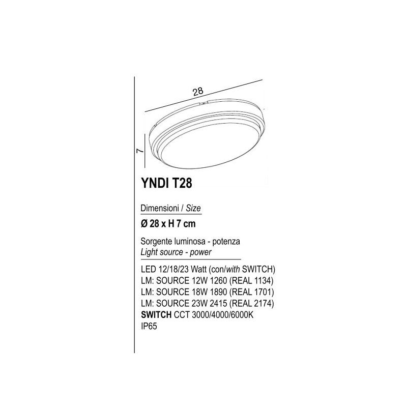 YNDI PLAFONIERA APPLIQUE DA ESTERNO IP65 ROTONDA BIANCA D28 CM LED INTEGRATO K-SWITCH MODERNA