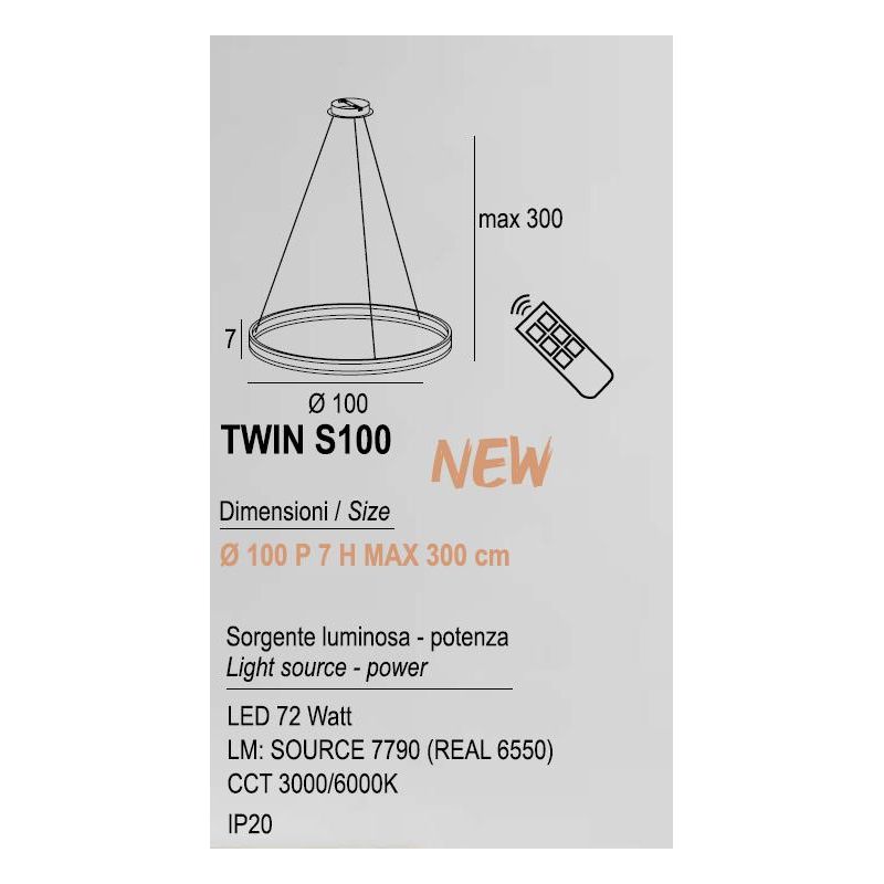 TWIN S100 SOSPENSIONE LED 72W METALLO 19 COLORI DIMMERABILE DINAMICO DA 3000K A 6000K CON TELECOMANDO