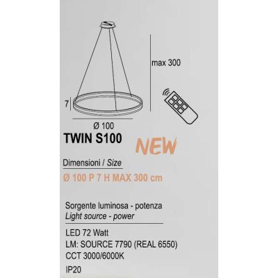 TWIN S100 SOSPENSIONE LED 72W METALLO 19 COLORI DIMMERABILE DINAMICO DA 3000K A 6000K CON TELECOMANDO