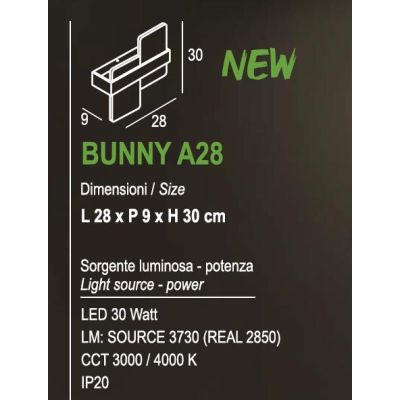 BUNNY A28 APPLIQUE IN 22 COLORI DISPONIBILI CON LUCE INDIRETTA 30W LED MODERNO