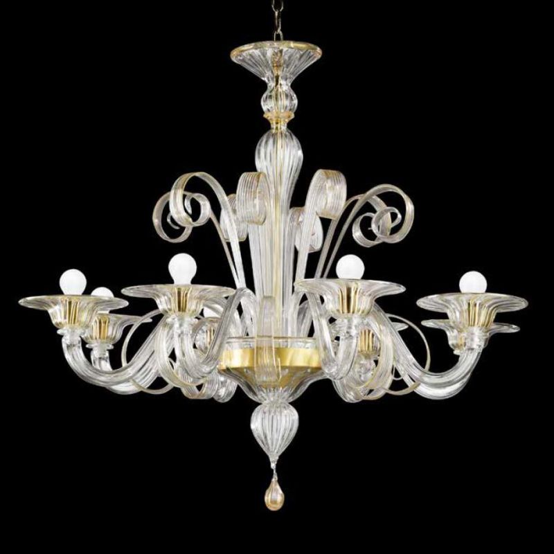 LAGUNA LAMPADARIO GUSTO CLASSICO 8 LUCI IN VETRO DI MURANO LAVORATO A MANO STRUTTURA IN ORO MADE IN ITALY