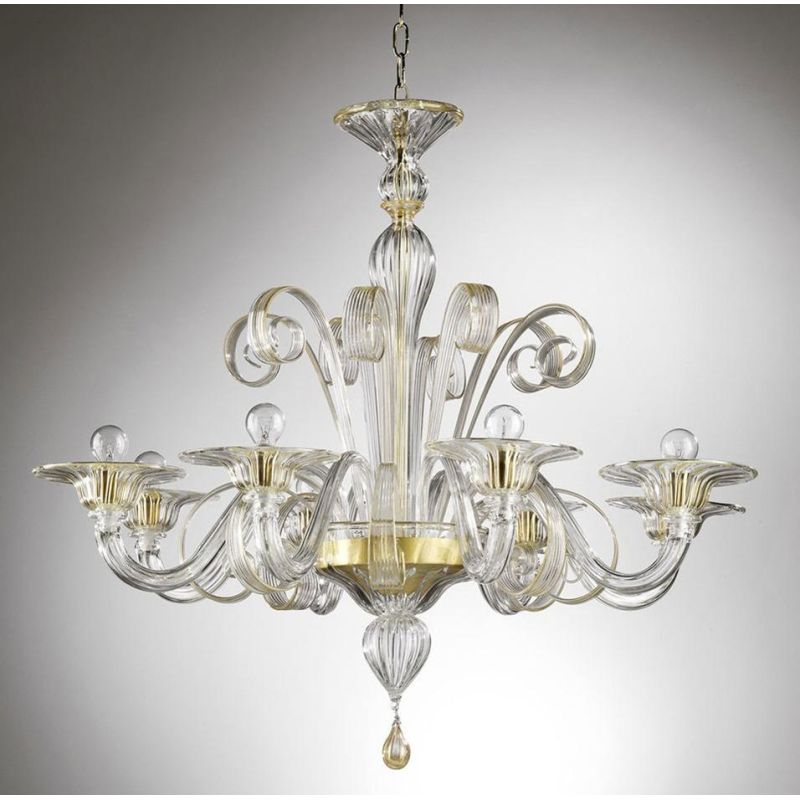 LAGUNA LAMPADARIO GUSTO CLASSICO 8 LUCI IN VETRO DI MURANO LAVORATO A MANO STRUTTURA IN ORO MADE IN ITALY