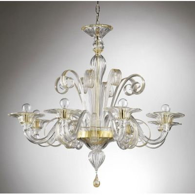 LAGUNA LAMPADARIO GUSTO CLASSICO 8 LUCI IN VETRO DI MURANO LAVORATO A MANO STRUTTURA IN ORO MADE IN ITALY