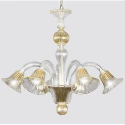 CERTOSA LAMPADARIO 5 LUCI IN VETRO DI MURANO TRASPARENTE CON FINITURE IN ORO 24K LAVORATO A MANO MADE IN ITALY