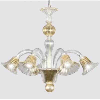 CERTOSA LAMPADARIO 5 LUCI IN VETRO DI MURANO TRASPARENTE CON FINITURE IN ORO 24K LAVORATO A MANO MADE IN ITALY