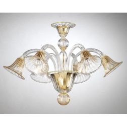 CERTOSA PLAFONIERA 6 LUCI IN VETRO DI MURANO TRASPARENTE CON FINITURE IN ORO 24K LAVORATO A MANO MADE IN ITALY
