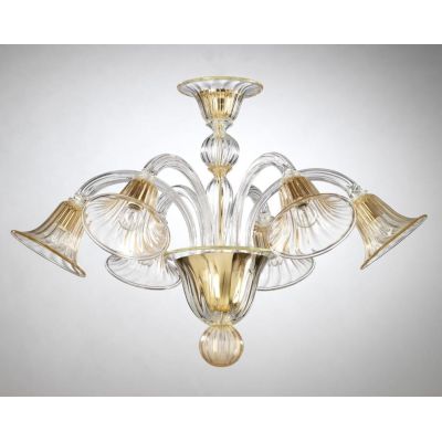 CERTOSA PLAFONIERA 6 LUCI IN VETRO DI MURANO TRASPARENTE CON FINITURE IN ORO 24K LAVORATO A MANO MADE IN ITALY
