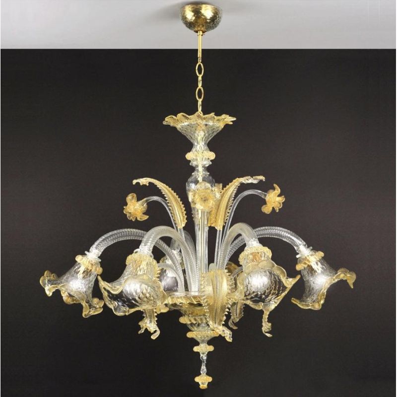 VENEZIA LAMPADARIO 5 LUCI IN VETRO DI MURANO LAVORATO A MANO TRASPARENTE O CON FINITURE ORO 24K MADE IN ITALY