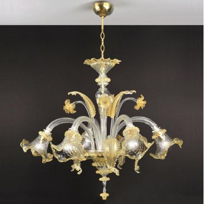 VENEZIA LAMPADARIO 5 LUCI IN VETRO DI MURANO LAVORATO A MANO TRASPARENTE O CON FINITURE ORO 24K MADE IN ITALY