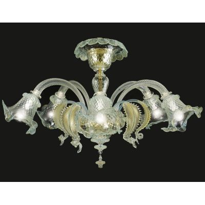 VENEZIA PLAFONIERA 5 LUCI IN VETRO DI MURANO LAVORATO A MANO TRASPARENTE O CON FINITURE ORO 24K MADE IN ITALY