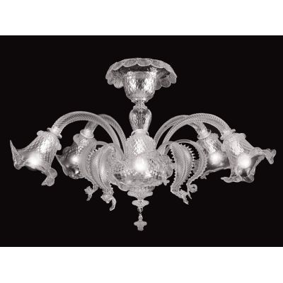 VENEZIA PLAFONIERA 5 LUCI IN VETRO DI MURANO LAVORATO A MANO TRASPARENTE O CON FINITURE ORO 24K MADE IN ITALY