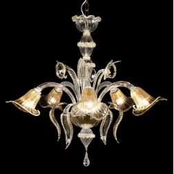 FENICE LAMPADARIO 5 LUCI IN VETRO DI MURANO TRASPARENTE CON FINITURE ORO 24K LAVORATO A MANO MADE IN ITALY