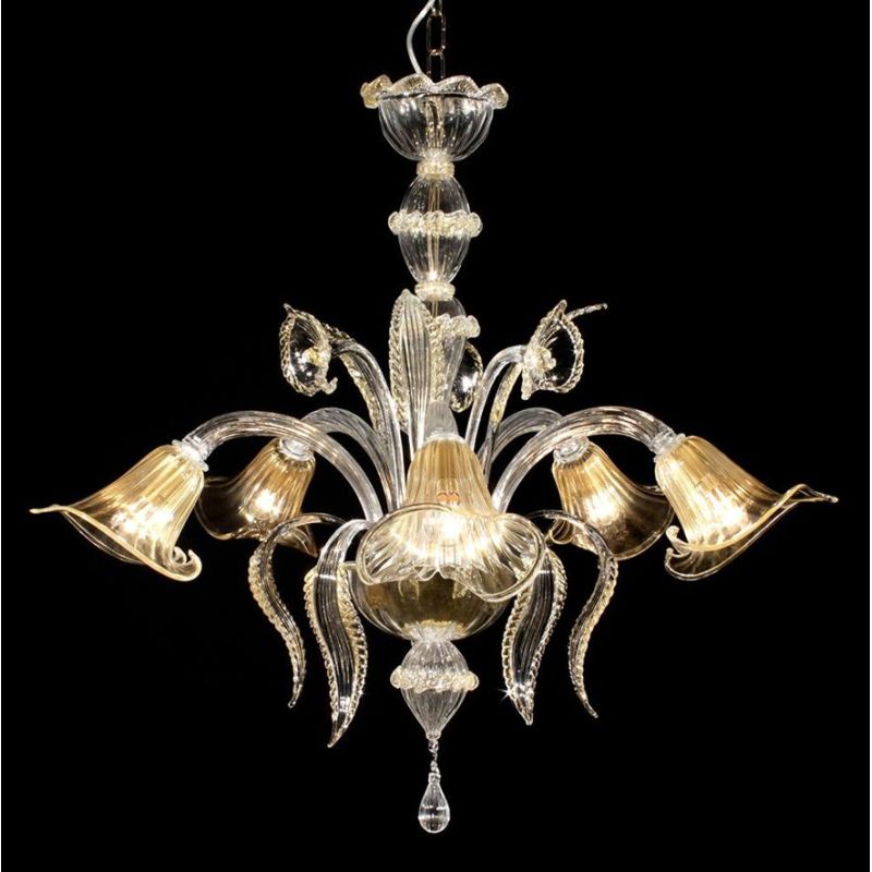 FENICE LAMPADARIO 5 LUCI IN VETRO DI MURANO TRASPARENTE CON FINITURE ORO 24K LAVORATO A MANO MADE IN ITALY