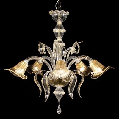 FENICE LAMPADARIO 5 LUCI IN VETRO DI MURANO TRASPARENTE CON FINITURE ORO 24K LAVORATO A MANO MADE IN ITALY
