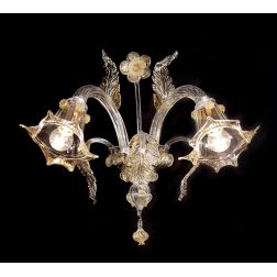GIUDECCA APPLIQUE 2 LUCI IN VETRO DI MURANO IN FINITURA ORO 24K LAVORATO A MANO CON FOGLIE E FIORI MADE IN ITALY