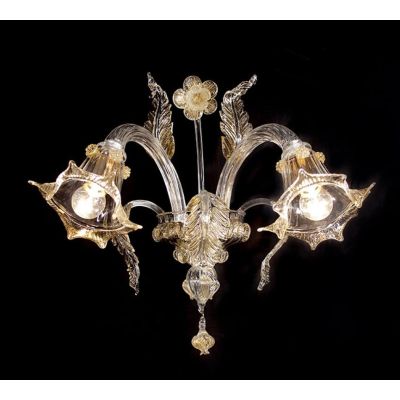 GIUDECCA APPLIQUE 2 LUCI IN VETRO DI MURANO IN FINITURA ORO 24K LAVORATO A MANO CON FOGLIE E FIORI MADE IN ITALY