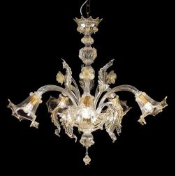 GIUDECCA LAMPADARIO 5 LUCI IN VETRO DI MURANO IN FINITURA ORO 24K LAVORATO A MANO CON FOGLIE E FIORI MADE IN ITALY