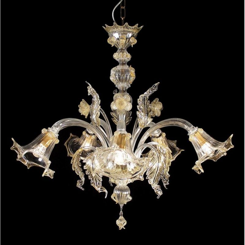 GIUDECCA LAMPADARIO 5 LUCI IN VETRO DI MURANO IN FINITURA ORO 24K LAVORATO A MANO CON FOGLIE E FIORI MADE IN ITALY