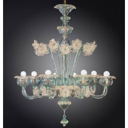 ERASMO LAMPADARIO 8 LUCI A FIORI IN VETRO DI MURANO VERDE E ORO 24K LAVORATO A MANO MADE IN ITALY