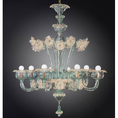 ERASMO LAMPADARIO 8 LUCI A FIORI IN VETRO DI MURANO VERDE E ORO 24K LAVORATO A MANO MADE IN ITALY
