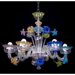 MURANO FIORI LAMPADARIO 6 LUCI IN VETRO DI MURANO LAVORATO A MANO MULTICOLOR MADE IN ITALY