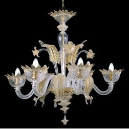 MURANO LAMPADARIO 6 LUCI IN VETRO DI MURANO TRASPARENTE O CON FINITURE ORO 24K LAVORATO A MANO MADE IN ITALY