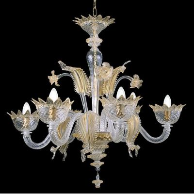MURANO LAMPADARIO 6 LUCI IN VETRO DI MURANO TRASPARENTE O CON FINITURE ORO 24K LAVORATO A MANO MADE IN ITALY