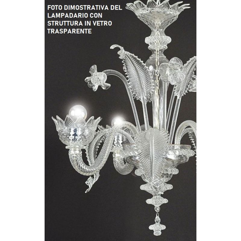 MURANO LAMPADARIO 6 LUCI IN VETRO DI MURANO TRASPARENTE O CON FINITURE ORO 24K LAVORATO A MANO MADE IN ITALY