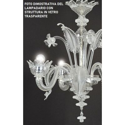 MURANO LAMPADARIO 6 LUCI IN VETRO DI MURANO TRASPARENTE O CON FINITURE ORO 24K LAVORATO A MANO MADE IN ITALY
